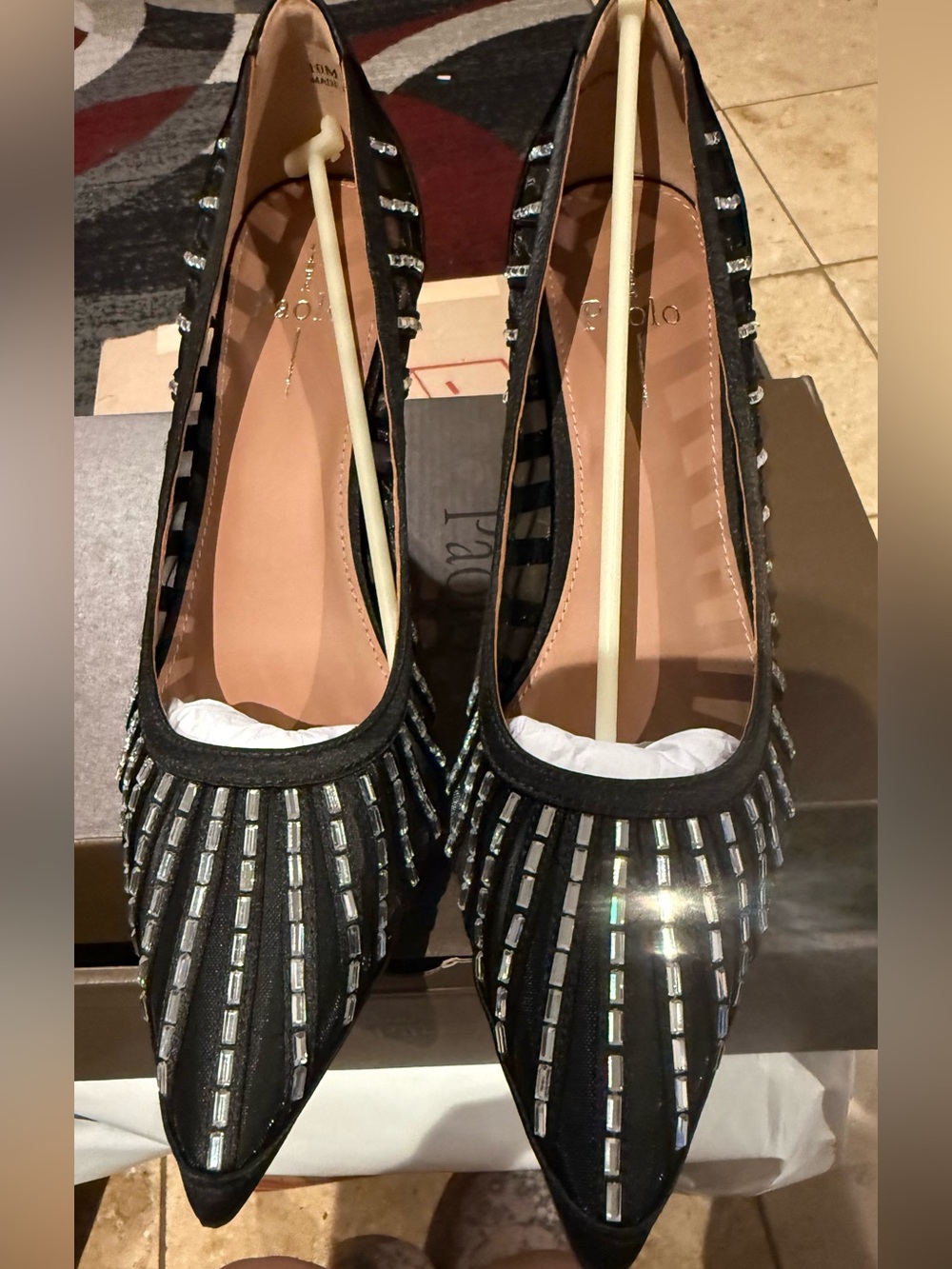 Women's Black Pointed-Toe Heels with Silver Crystal Stripes